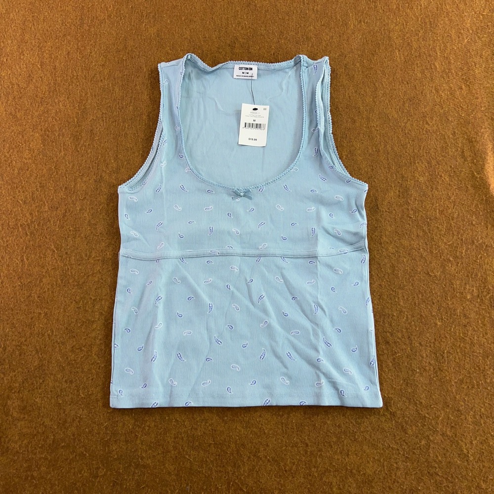 Cotton On Womens Medium Blue Paisley Lou Picot Trim Ribbed Tank Top NWT